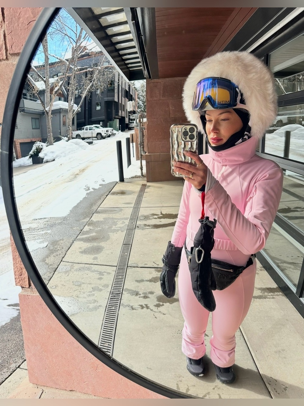 ASOS Pink Faux-Fur Trim Ski Jumpsuit